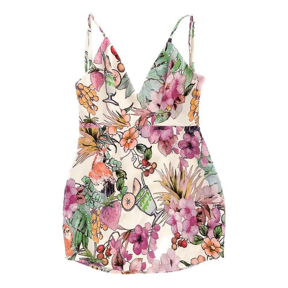 DEJAVU Tropical‎ Print Open Back Mini Dress with Bustle Detail - Size Large